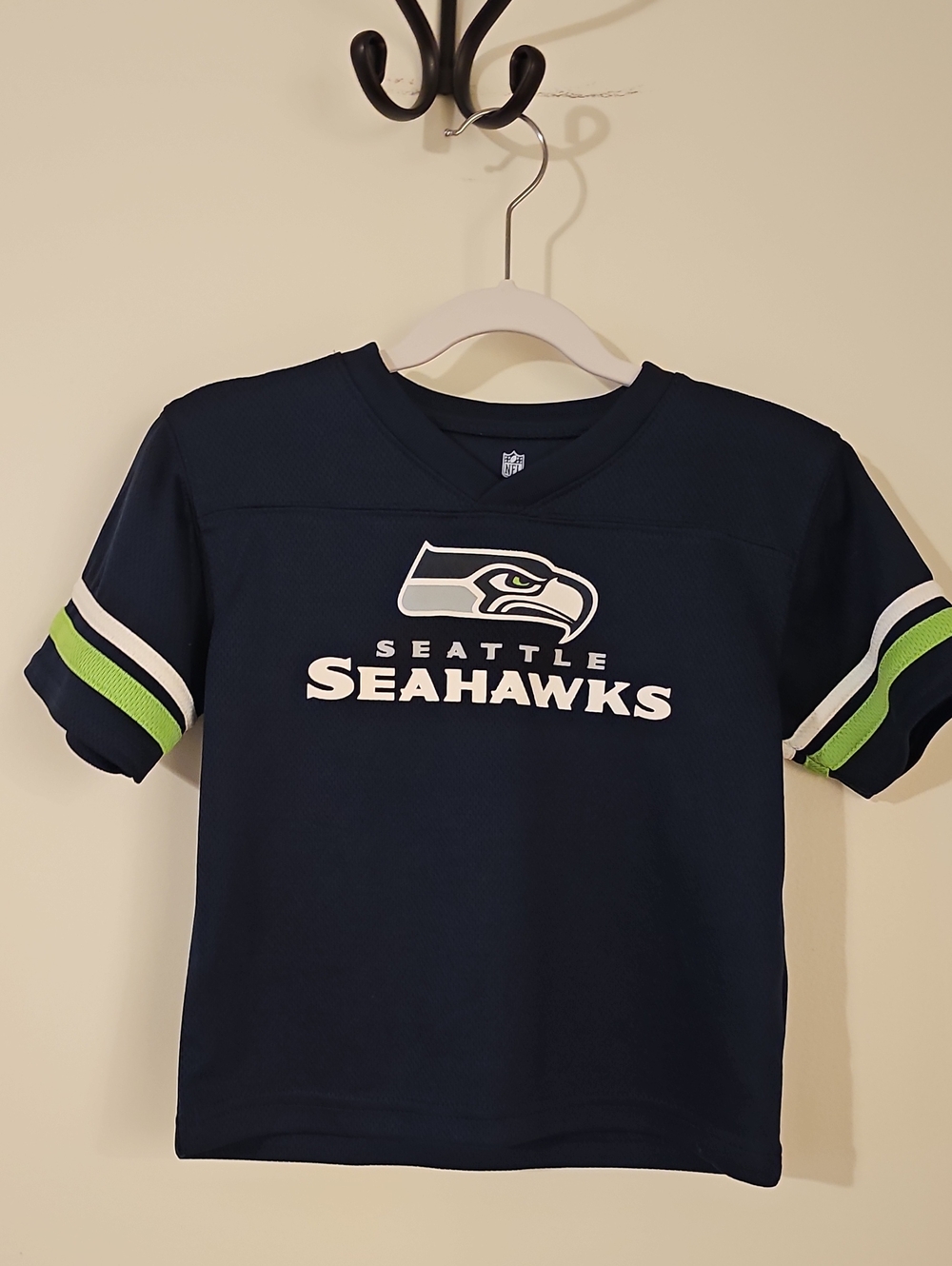 NFL Seattle Seahawks Youth Navy Tee with Lime & White Stripe